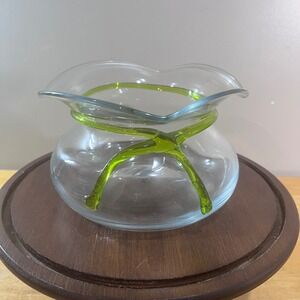 Vtg Blenko 9911 Clear Glass Pouch Bowl with Kiwi Green Wrap Ruffled Rim MCM